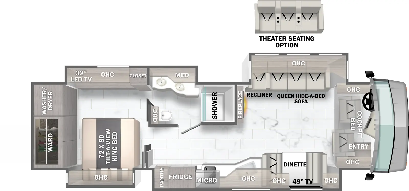 The 37A has four slide outs and one entry. Interior layout front to back: cockpit with entry, overhead cabinets, and cockpit bed; off-door side slideout with queen hide-a-bed sofa (optional theater seating), recliner and overhead cabinet; door side slideout with dinette, TV, overhead cabinets, kitchen countertop with sink, microwave over cooktop, refrigerator and pantry; off-door side front-facing fireplace along inner wall; off-door side full bathroom with two sinks, medicine cabinet and overhead cabinet; rear door side slideout with tilt-a-view king bed and overhead cabinet; rear off-door side slideout with closet, overhead cabinet, and TV; rear wardrobe and washer/dryer.